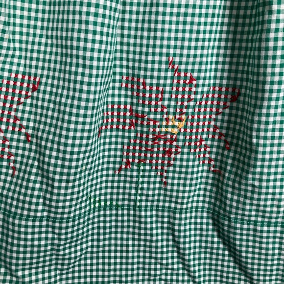 Vintage Handmade Green Gingham Kitchen Waist Apron with Stitched Poinsettias - Picture 9 of 10